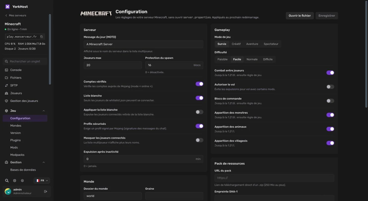 Formulaire de configuration Minecraft du panel YorkHost