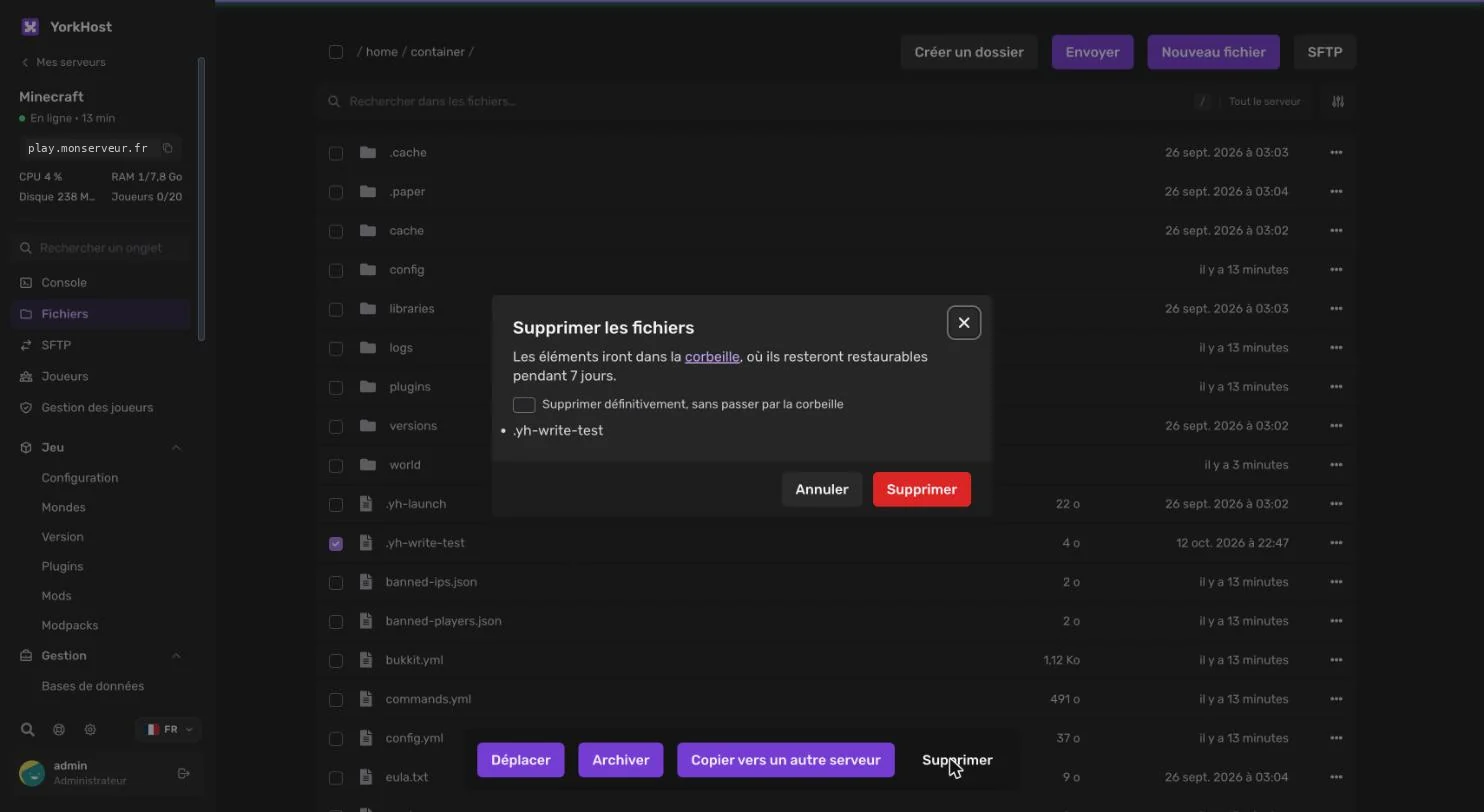 Suppression d'un fichier vers la corbeille dans le panel YorkHost
