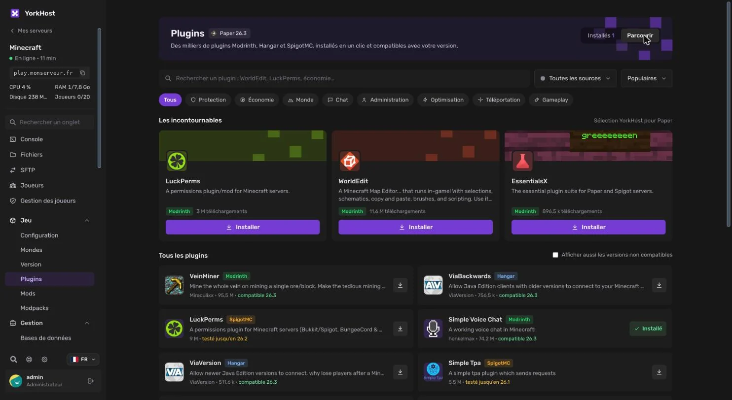 Catalogue de plugins Minecraft du panel YorkHost