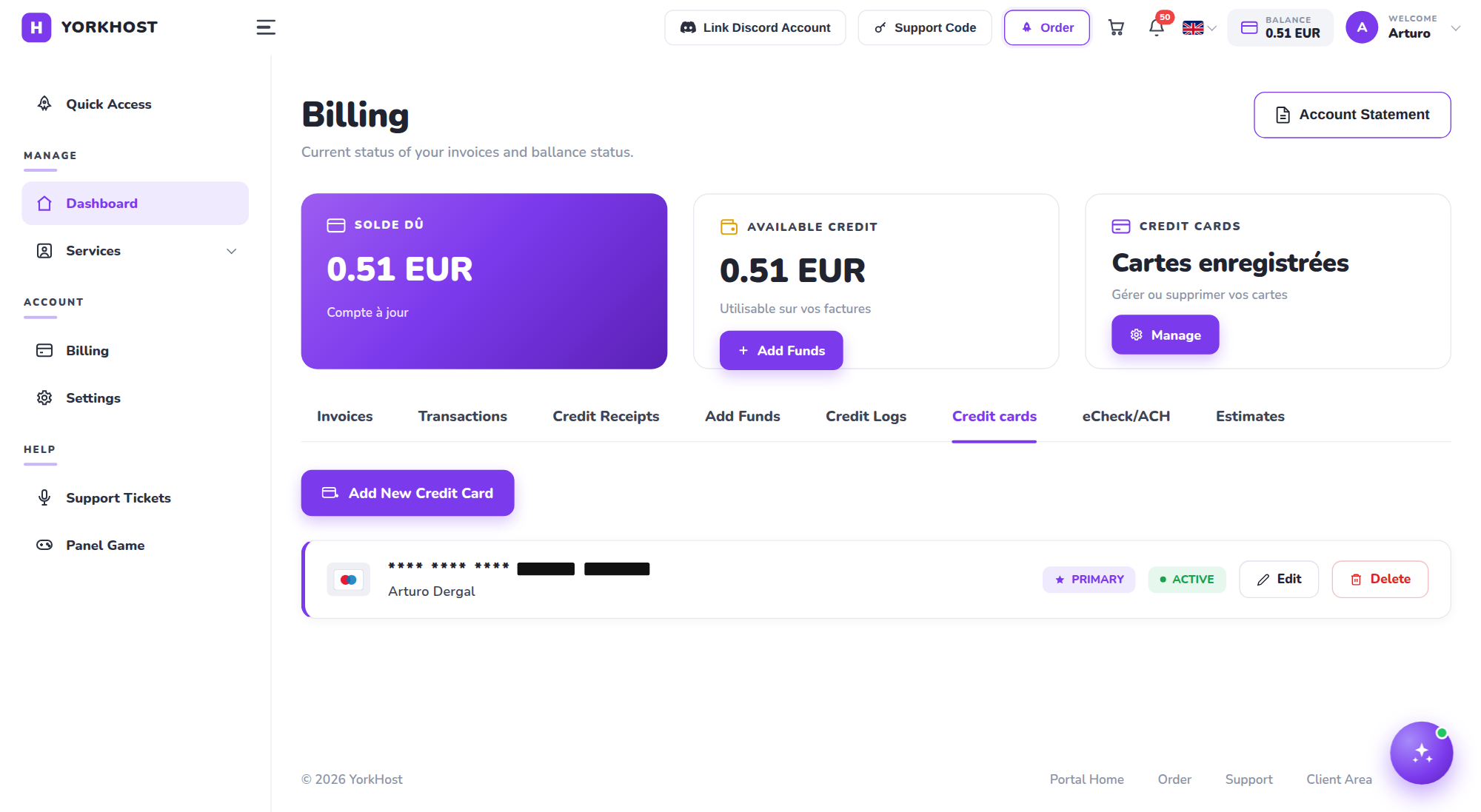 YorkHost Client Area Billing page with the Credit cards tab open and the list of saved cards